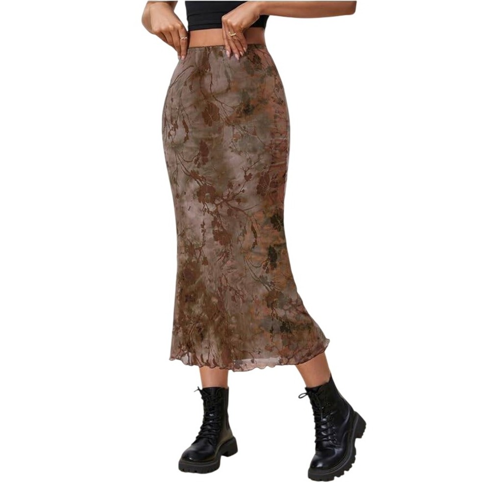 Verdusa Fishtail Mesh Midi Skirt Womens M Brown Floral Lettuce Goth Grunge Indie - Picture 5 of 16